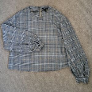 Express Plaid Keyhole Blouse with Back Keyhole & Puff Sleeve